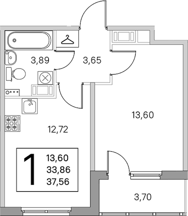 1-комнатная квартира 35.71 м², 4/4 эт., ЖК «Любоград в Стрельне»